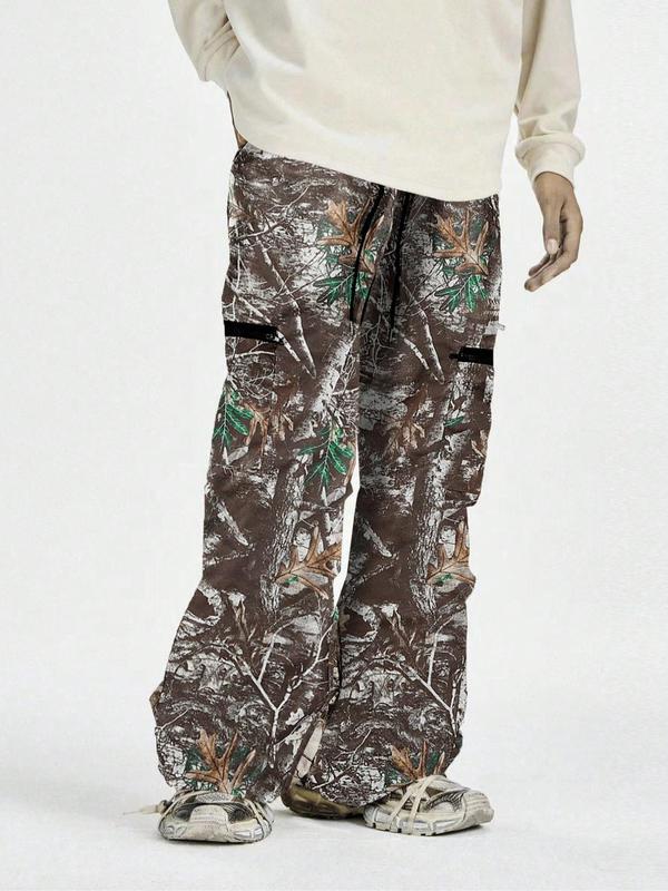 Men's Camo Print Drawstring Waist Pants, Street Fashion Casual Pocket Trousers for Daily Wear, Men's Bottoms for All Seasons