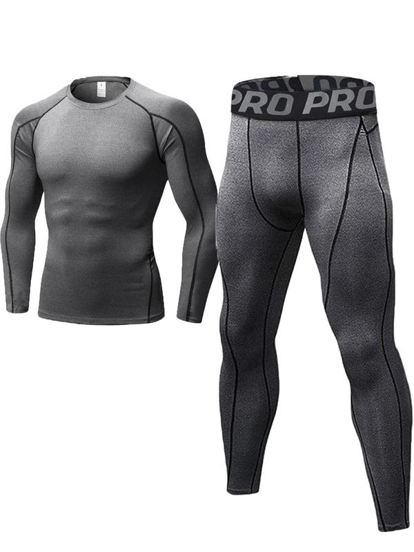 Men's Letter Tape Thermal Underwear Set, Long Sleeve Compression Top & Leggings, Casual Comfy Warm Underwear Set for Fall & Winter