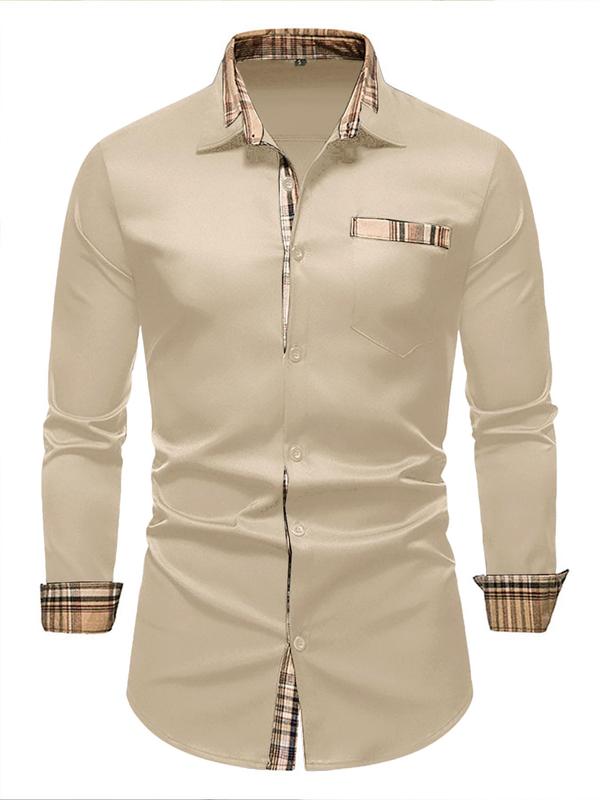 Men's Regular Fit Patchwork Print Button Front Shirt, Casual Long Sleeve Pocket Top for Summer, Menswear for Daily Wear