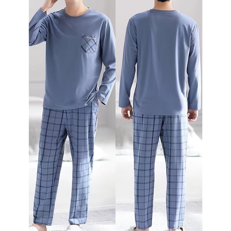 New-1 Set of Men's Classic Comfortable Plaid Pajamas: Soft, Skin-Friendly Long Sleeves & Trousers for Home Wear Loungewear Menswear