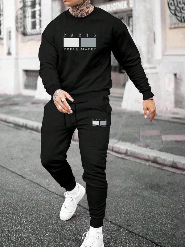 Two-piece Set Men's Letter Print Sweatshirt & Drawstring Waist Sweatpants, Outfit Sets for Men, Regular Fit Round Neck Long Sleeve Pullover & Pocket Jogger Pants, Casual Fashion Cozy Breathable Men Two-piece Outfits for Fall & Winter