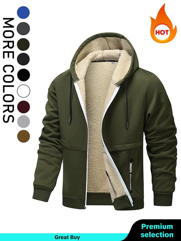 Men's Letter Print Drawstring Zip Up Hooded Jacket, Regular Fit Casual Long Sleeve Pocket Thermal Lined Outerwear for Fall & Winter, Men's Clothes for Daily Wear Winter Jacket