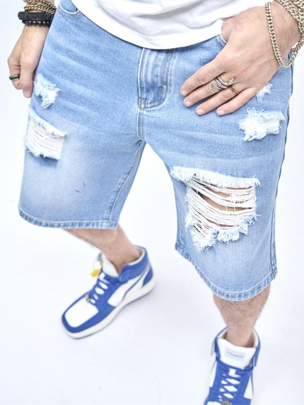 Men's Loose Denim-effect Print Ripped Button Fly Shorts, Casual Pocket Design Bermuda Shorts for Summer, Fashion Men's Bottoms for Daily Wear