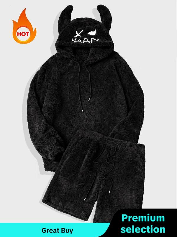 Men's Regular Fit Cartoon Embroidery Hoodie & Drawstring Waist Shorts Two-piece Set, Casual Long Sleeve Hooded Sweatshirt & Pocket Shorts for Daily Wear, Men's Two-piece Outfits for All Seasons