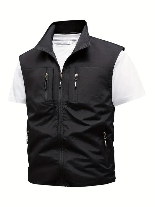 Men's Solid Pocket Zipper Vest Waistcoats, Regular Fit Casual Sleeveless Collared Outerwear for Fall & Winter, Men's Clothes for Outdoor Activities Tops