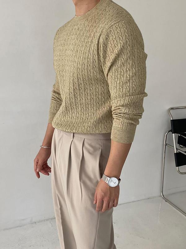 Men's Solid Textured Round Neck Sweater, Slim Casual Long Sleeve Crew Neck Jumper for Fall & Winter, Fashion Men's Knitwear for Daily Wear