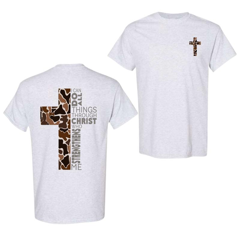 Christian T-Shirt, Camo Cross Design With Philippians 4:13 Verse, Perfect For Faithful Believers And Outdoorsmen