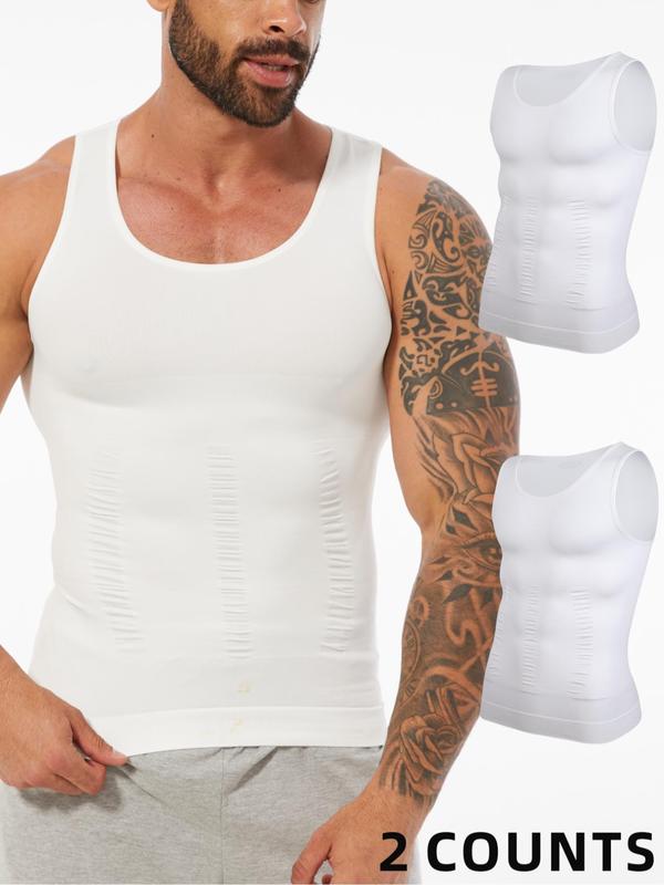 Men's Solid Round Neck Tank Top, Casual Comfy Tummy Control Shaper Vest for Daily Wear, Men's Shapewear for All Seasons