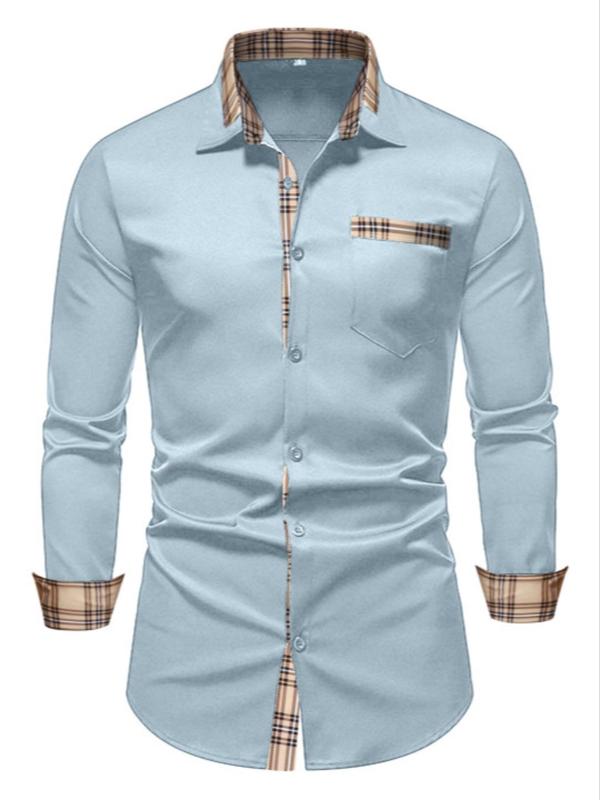 Men's Regular Fit Patchwork Print Button Front Shirt, Casual Long Sleeve Pocket Top for Summer, Menswear for Daily Wear