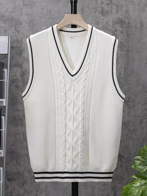 Men's Contrast Trim Textured V Neck Sweater Vest, Regular Fit Casual Soft Comfy Cable Knit Sleeveless Knitwear Top for Spring & Fall, Menswear for Daily Wear