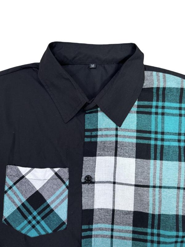 Men's Plaid Patchwork Print Button Front Shirt, Loose Casual Long Sleeve Collared Top for All Seasons, Shirts for Men, Men's Clothes for Daily Wear