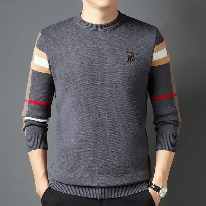 Men's Sweater Knitted Pullover Autumn Winter New Soft Warm Striped Checker Round Neck Sweater Casual Fashion Men Clothing