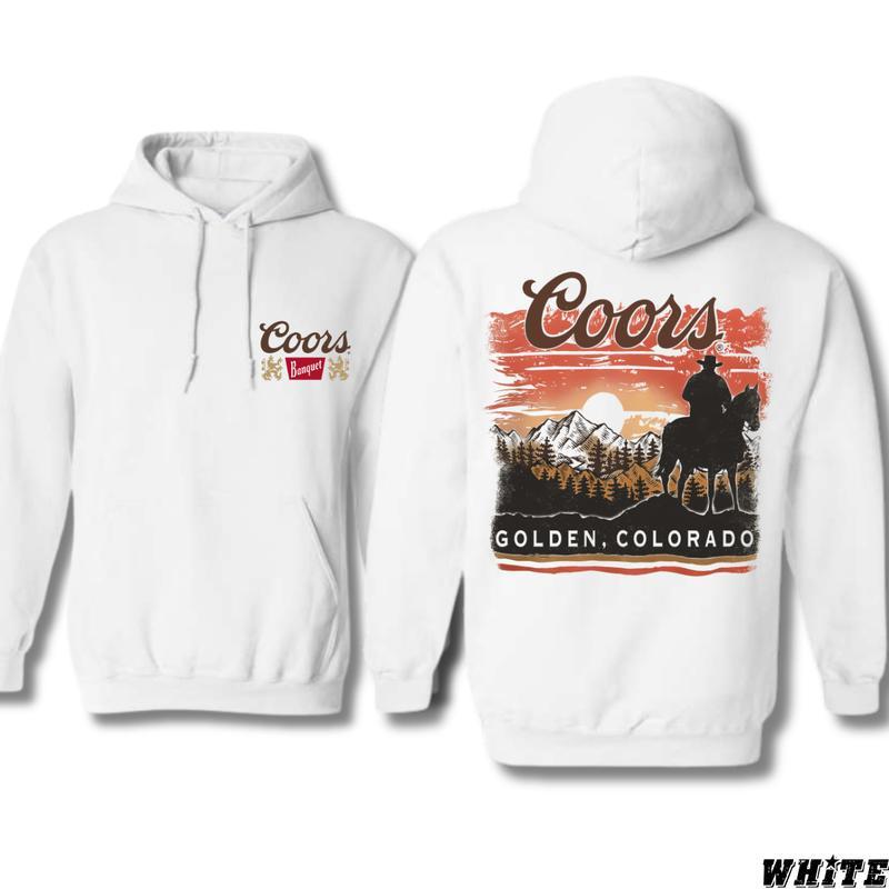 Coors Banquet Hoodie, Classic Western Design Featuring a Cowboy and Mountain Landscape, Perfect for Fans of Coors and the Spirit of the Wild West