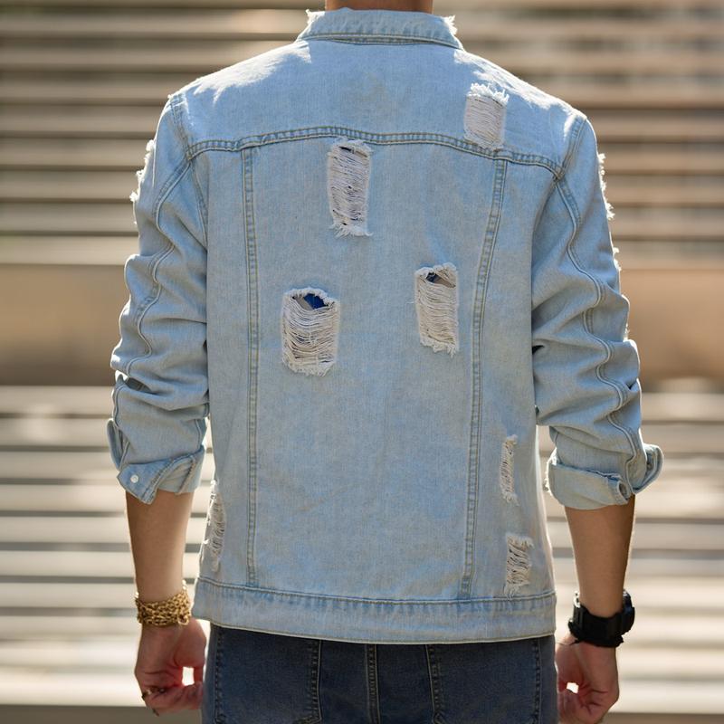 Streetwear Men Ripped Solid Slim Denim Jacket High Quality Male Holes Motorcycle Casual Denim Jacket Coat Long Sleeve Midi Beige Tops Human Menswear Underwear Longsleeves