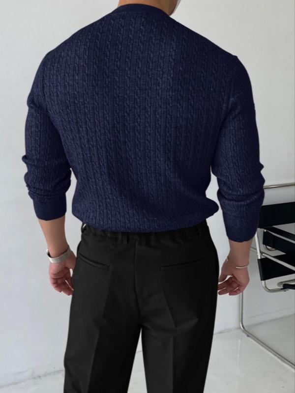 Men's Solid Textured Round Neck Sweater, Slim Casual Long Sleeve Crew Neck Jumper for Fall & Winter, Fashion Men's Knitwear for Daily Wear