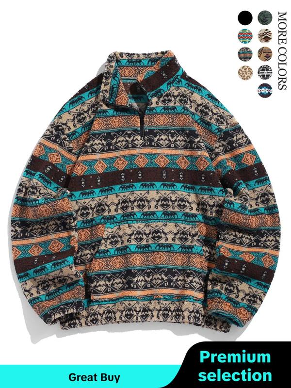 Men's Ethnic Pattern Drop Shoulder Zipper Sweatshirt, Fall Clothes, Regular Fit Casual Comfy Streetwear Long Sleeve Stand Collar Pullover, Fall Outfits 2024, Men's Back To School Clothes, Men's Clothing Outfits, Fall Outfits, Fallfreshness, Y2k Tops