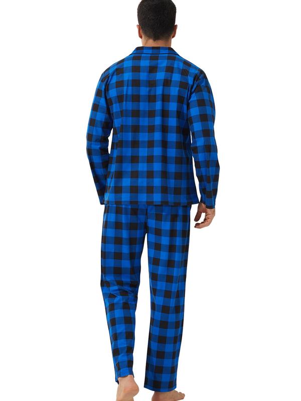 Men's Plaid Print Button Front Pocket Top & Pants Loungewear Two-piece Set, Casual Comfy Long Sleeve Lapel Neck Top & Pocket Pants Lounge Set, Men's Loungewear for Spring & Fall