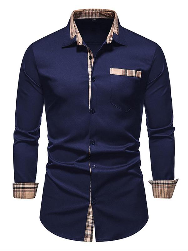 Men's Regular Fit Patchwork Print Button Front Shirt, Casual Long Sleeve Pocket Top for Summer, Menswear for Daily Wear