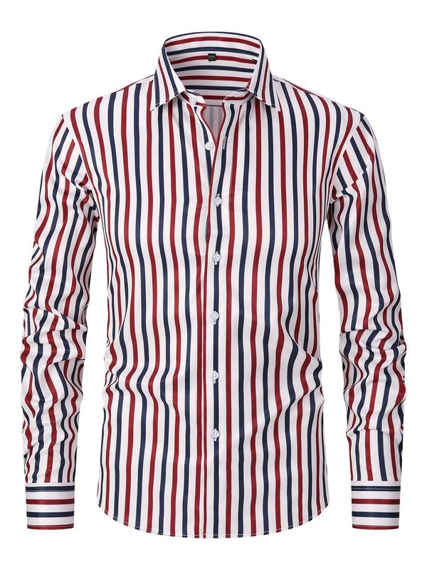 Men's Striped Print Button Front Shirt, Regular Fit Casual Long Sleeve Collared Top for Spring & Fall, Men's Clothes for Business Work Daily Wear