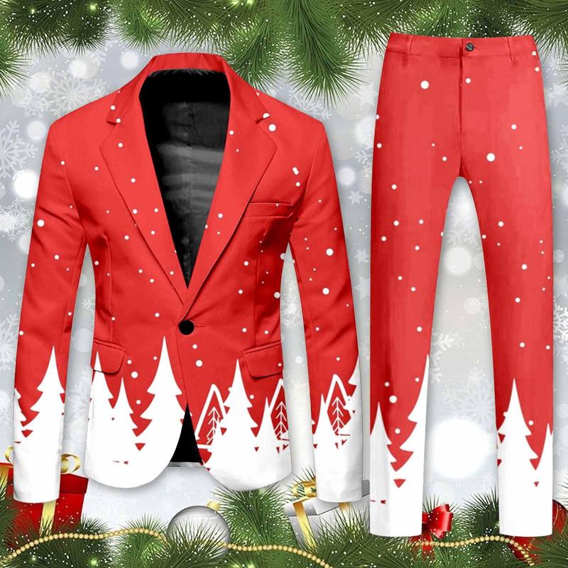 Men’s Christmas Formal Party Blazer Suit - Long Sleeve Lapel Single-Button Suit Coat with Pockets and Slim Long Pants, Blazer Set