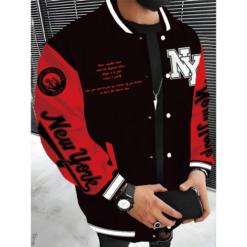 New York Series Men's Casual Fleece Baseball Jacket - 100% Polyester Knit Fabric, Slight Stretch, Alphabets Pattern, Regular Fit Fall Winter Jacket with Baseball Collar Style Menswear Coats Menswear Coats Menswear Coats Menswear Coats Menswear Coats Tops