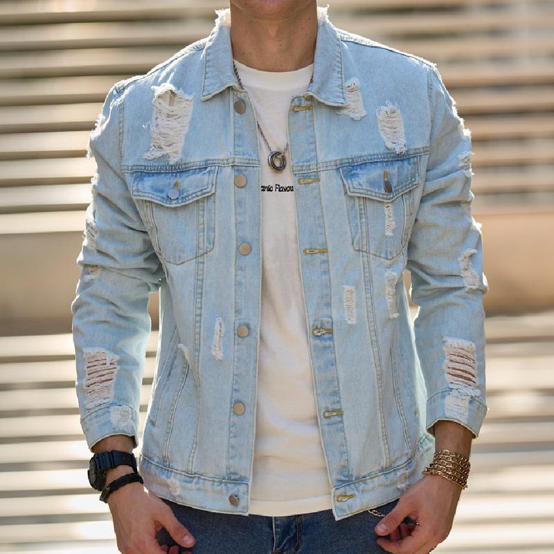 Streetwear Men Ripped Solid Slim Denim Jacket High Quality Male Holes Motorcycle Casual Denim Jacket Coat Long Sleeve Midi Beige Tops Human Menswear Underwear Longsleeves