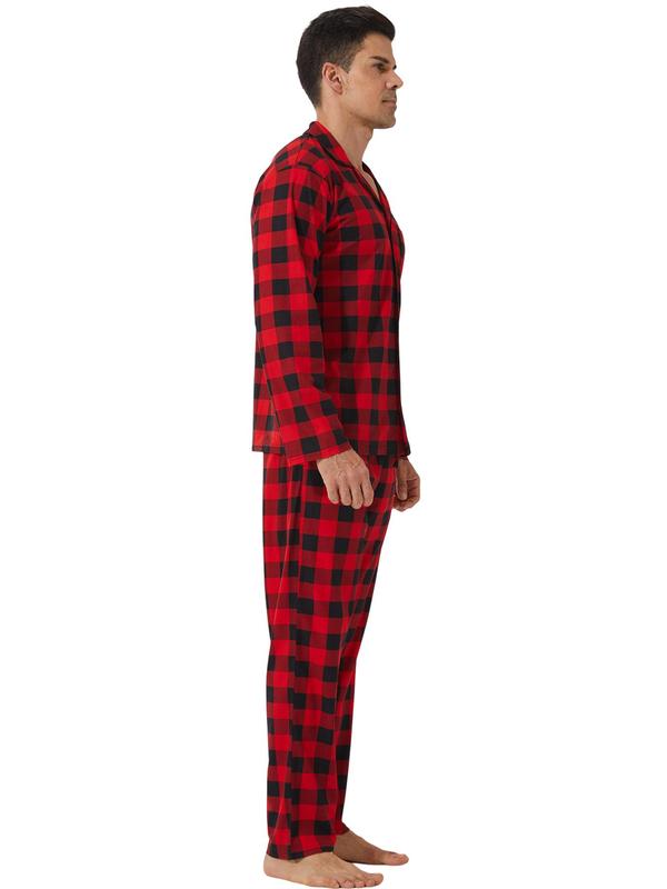 Men's Plaid Print Button Front Pocket Top & Pants Loungewear Two-piece Set, Casual Comfy Long Sleeve Lapel Neck Top & Pocket Pants Lounge Set, Men's Loungewear for Spring & Fall