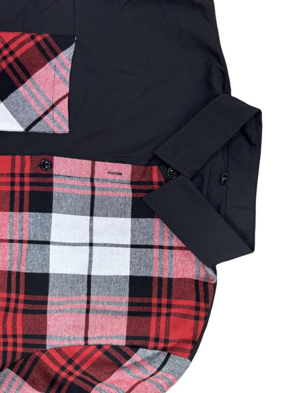 Men's Plaid Patchwork Print Button Front Shirt, Loose Casual Long Sleeve Collared Top for All Seasons, Shirts for Men, Men's Clothes for Daily Wear