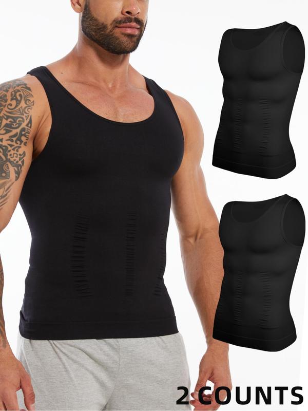 Men's Solid Round Neck Tank Top, Casual Comfy Tummy Control Shaper Vest for Daily Wear, Men's Shapewear for All Seasons