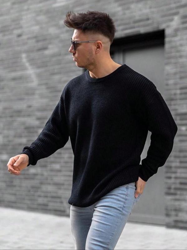 Men's Solid Color Drop Shoulder Sweater, Regular Fit Casual Long Sleeve Round Neck Jumper for Fall & Winter, Fashion Men's Knitwear for Daily Wear