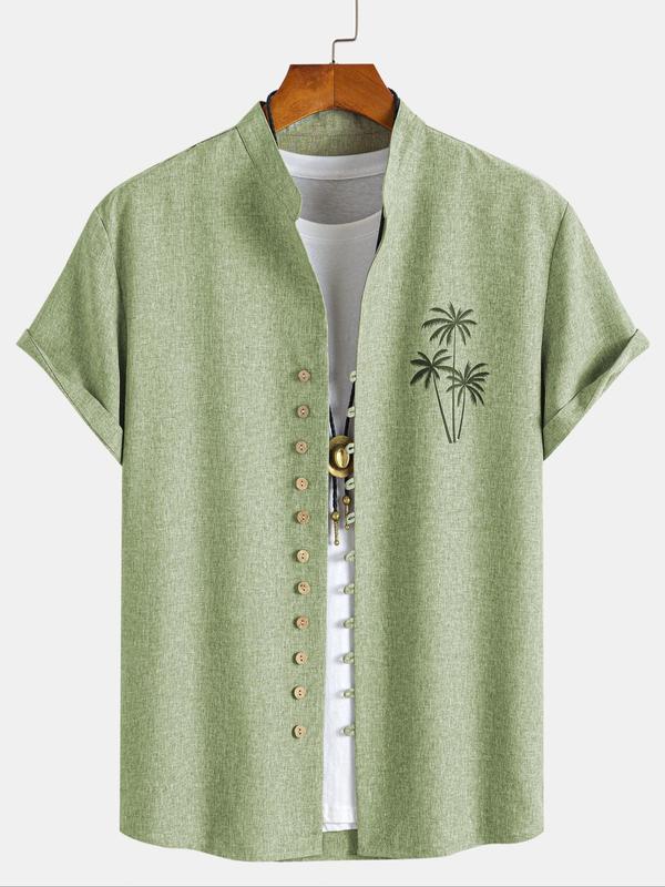 Men's Loose Coconut Tree Print Button Front Shirt, Casual Short Sleeve Mock Neck Top for Summer, Fashion Men's Streetwear Clothes for Daily Wear
