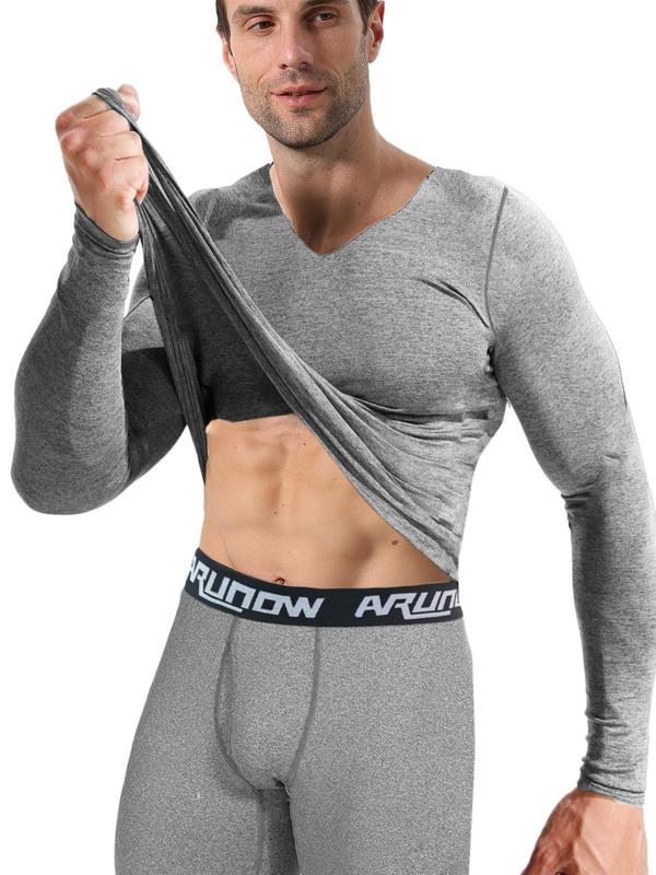 Men's Sporty Thermal Lined Underwear Set, Casual Comfy Long Sleeve V Neck Top & Letter Print Leggings Set for Fall & Winter, Men's Sportswear for Indoor Outdoor Wear Menswear