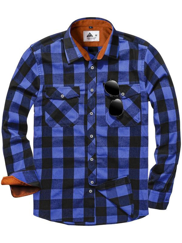 Men's Plaid Print Button Front Shirt, Shirts for Men, 2000s Shirts, Regular Fit Casual Long Sleeve Collared School Tops for Spring & Fall, Men's Clothes for Daily Wear