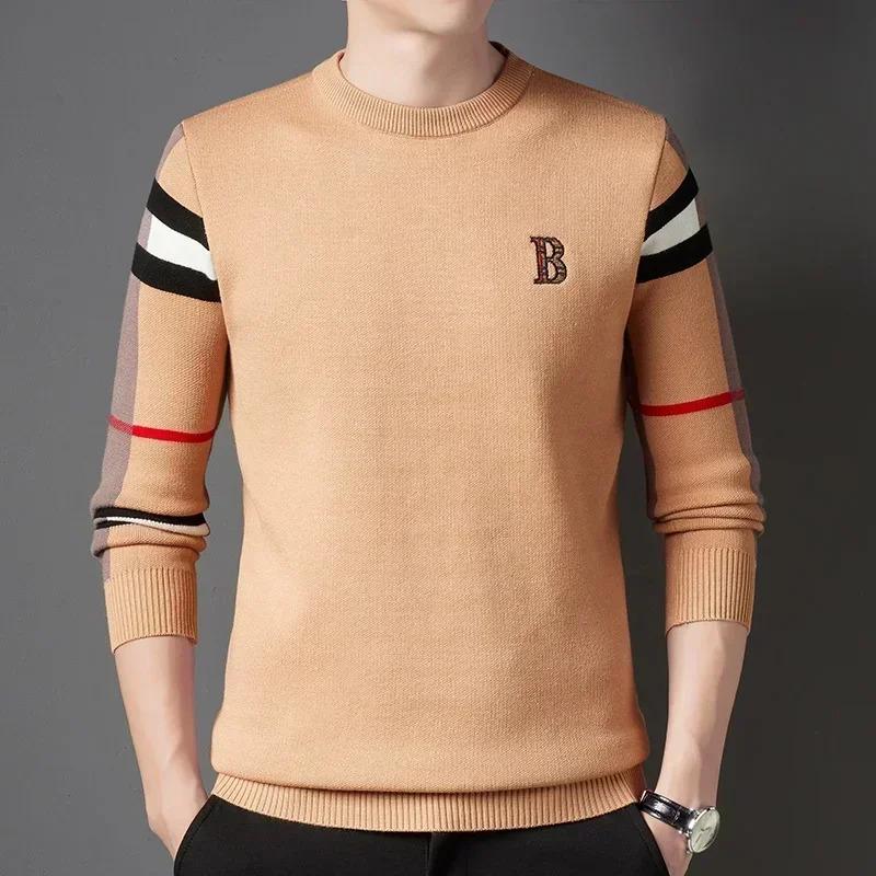 Men's Sweater Knitted Pullover Autumn Winter New Soft Warm Striped Checker Round Neck Sweater Casual Fashion Men Clothing