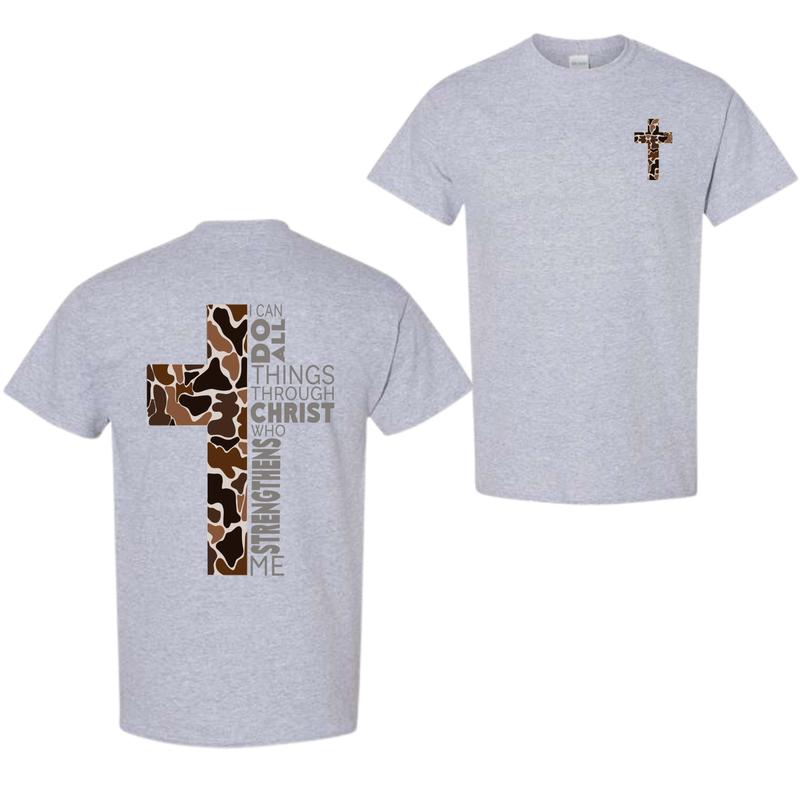 Christian T-Shirt, Camo Cross Design With Philippians 4:13 Verse, Perfect For Faithful Believers And Outdoorsmen