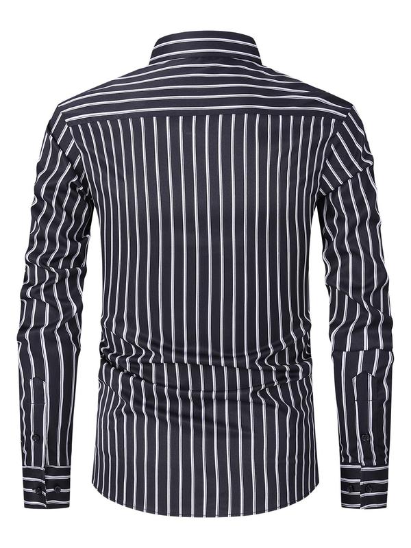 Men's Striped Print Button Front Shirt, Regular Fit Casual Long Sleeve Collared Top for Spring & Fall, Men's Clothes for Business Work Daily Wear