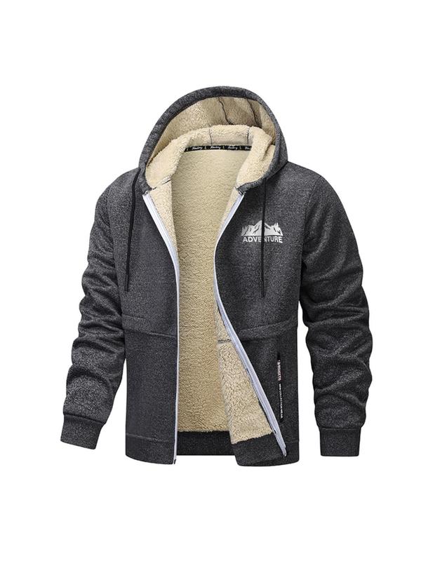 Men's Letter Print Drawstring Pocket Hooded Jacket, 2024 New Style Regular Fit Casual Long Sleeve Outerwear for Winter, Men's Clothes for Daily Wear