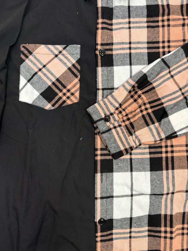 Men's Plaid Patchwork Print Button Front Shirt, Loose Casual Long Sleeve Collared Top for All Seasons, Shirts for Men, Men's Clothes for Daily Wear