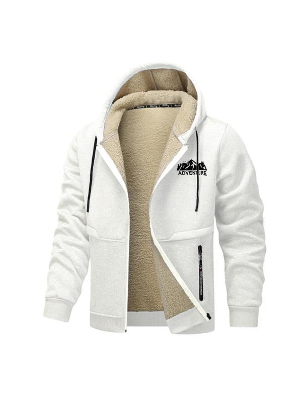 Men's Letter Print Drawstring Pocket Hooded Jacket, 2024 New Style Regular Fit Casual Long Sleeve Outerwear for Winter, Men's Clothes for Daily Wear