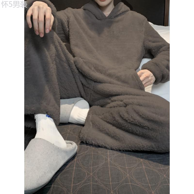 Cozy Flannel Pajama Sets for Men - Soft, Warm, and Comfortable Lounge Wear with Long Sleeve Hoodies Pullover Top and Loose Fitting Pants for Relaxation and Sleep - Perfect for Cold Winter Nights Fabric Loungewear Menswear Nightwear Collar Polyester Pjs