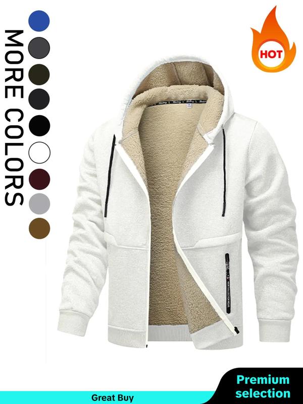 Men's Letter Print Drawstring Zip Up Hooded Jacket, Regular Fit Casual Long Sleeve Pocket Thermal Lined Outerwear for Fall & Winter, Men's Clothes for Daily Wear Winter Jacket