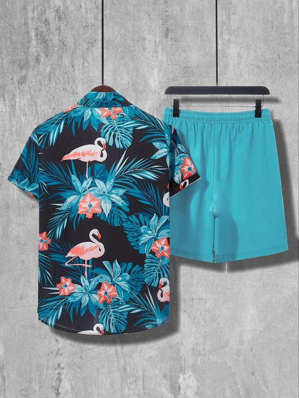 Two-Piece Set Men's Tropical Printed Drawstring Waist Shorts Set, Button Front Shirt & Pocket Shorts, Casual Summer Outfits Clothes Set for Beach Vacation