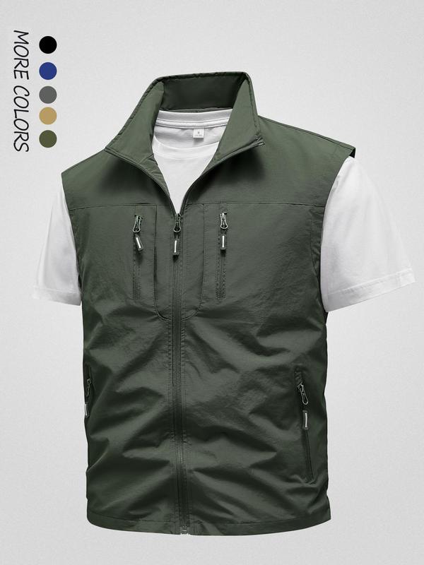 Men's Solid Pocket Zipper Vest Waistcoats, Regular Fit Casual Sleeveless Collared Outerwear for Fall & Winter, Men's Clothes for Outdoor Activities Tops