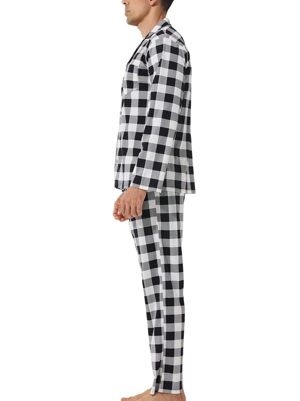 Men's Plaid Print Button Front Pocket Top & Pants Loungewear Two-piece Set, Casual Comfy Long Sleeve Lapel Neck Top & Pocket Pants Lounge Set, Men's Loungewear for Spring & Fall