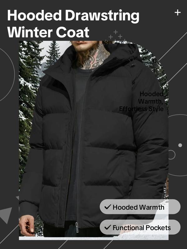 Men's Solid Pocket Drawstring Hooded Winter Coat, Regular Fit Casual Long Sleeve Zip Up Outerwear for Fall & Winter, Men's Clothes for Daily Wear Winter Jacket