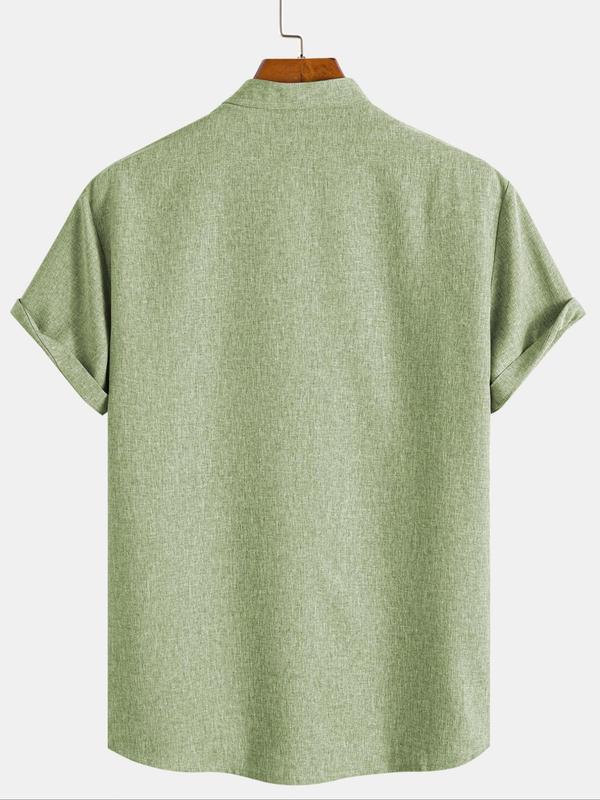 Men's Loose Coconut Tree Print Button Front Shirt, Casual Short Sleeve Mock Neck Top for Summer, Fashion Men's Streetwear Clothes for Daily Wear