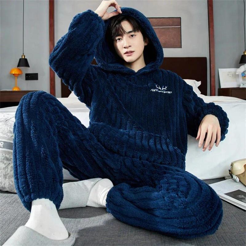 2024 New Winter Warm Coral Fleece Men Pajamas Set Fluffy Tops + Long Pants Sleepwear for Sleeping 2 Piece Homewear Loungewear