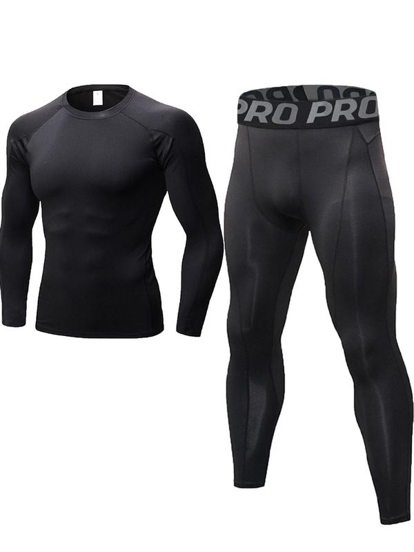 Men's Letter Tape Thermal Underwear Set, Long Sleeve Compression Top & Leggings, Casual Comfy Warm Underwear Set for Fall & Winter