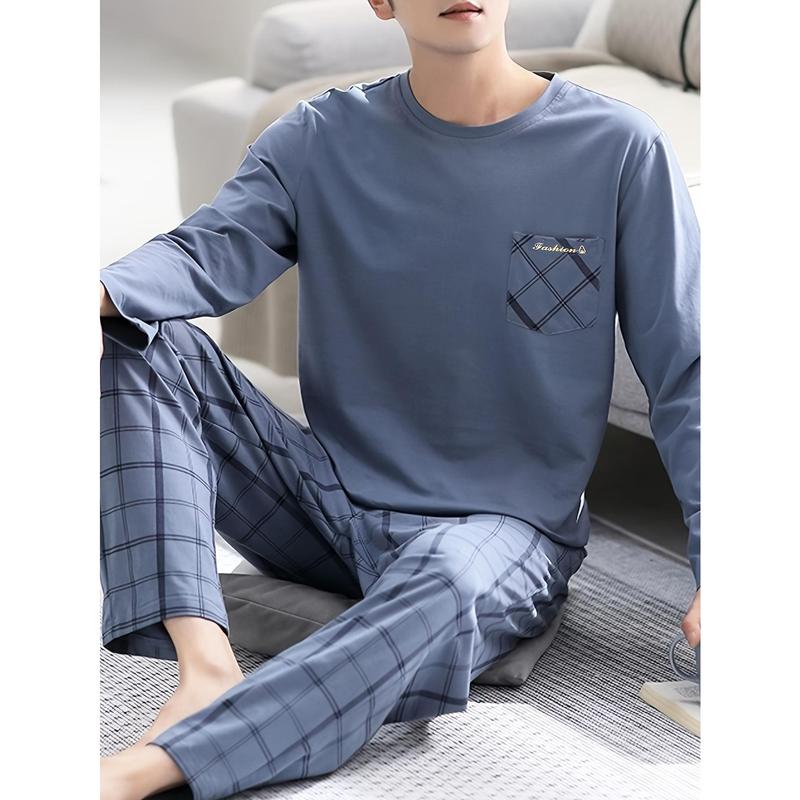 New-1 Set of Men's Classic Comfortable Plaid Pajamas: Soft, Skin-Friendly Long Sleeves & Trousers for Home Wear Loungewear Menswear