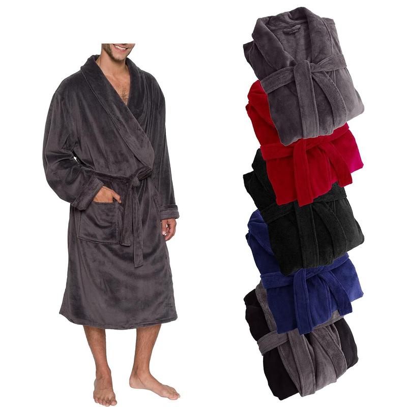 Mens Robe Shawl Collar Wrap Style - Mid Length Plush Bathrobe Menswear Gowns